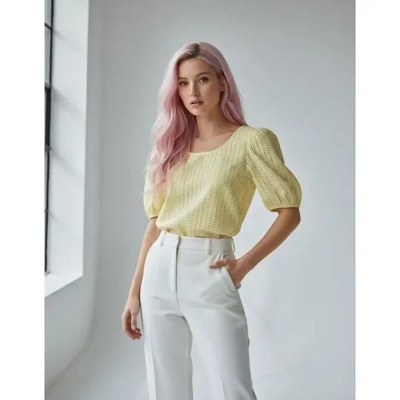 New Loft Eyelet Cutout Back Bubble Sleeve Top Butter Yellow - Picture 10 of 14